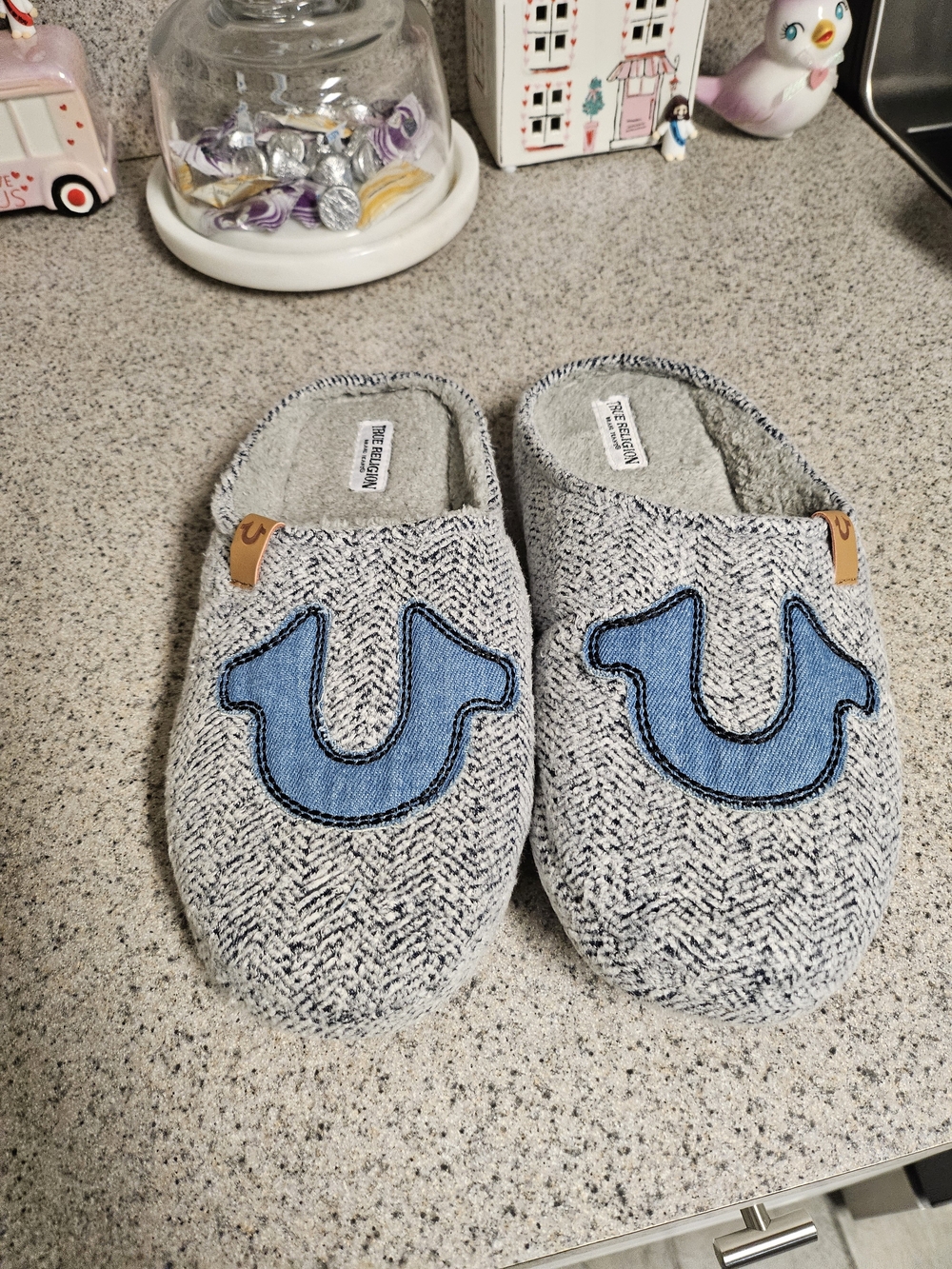 True Religion Blue Horseshoe Appliqué Slip-On Slippers